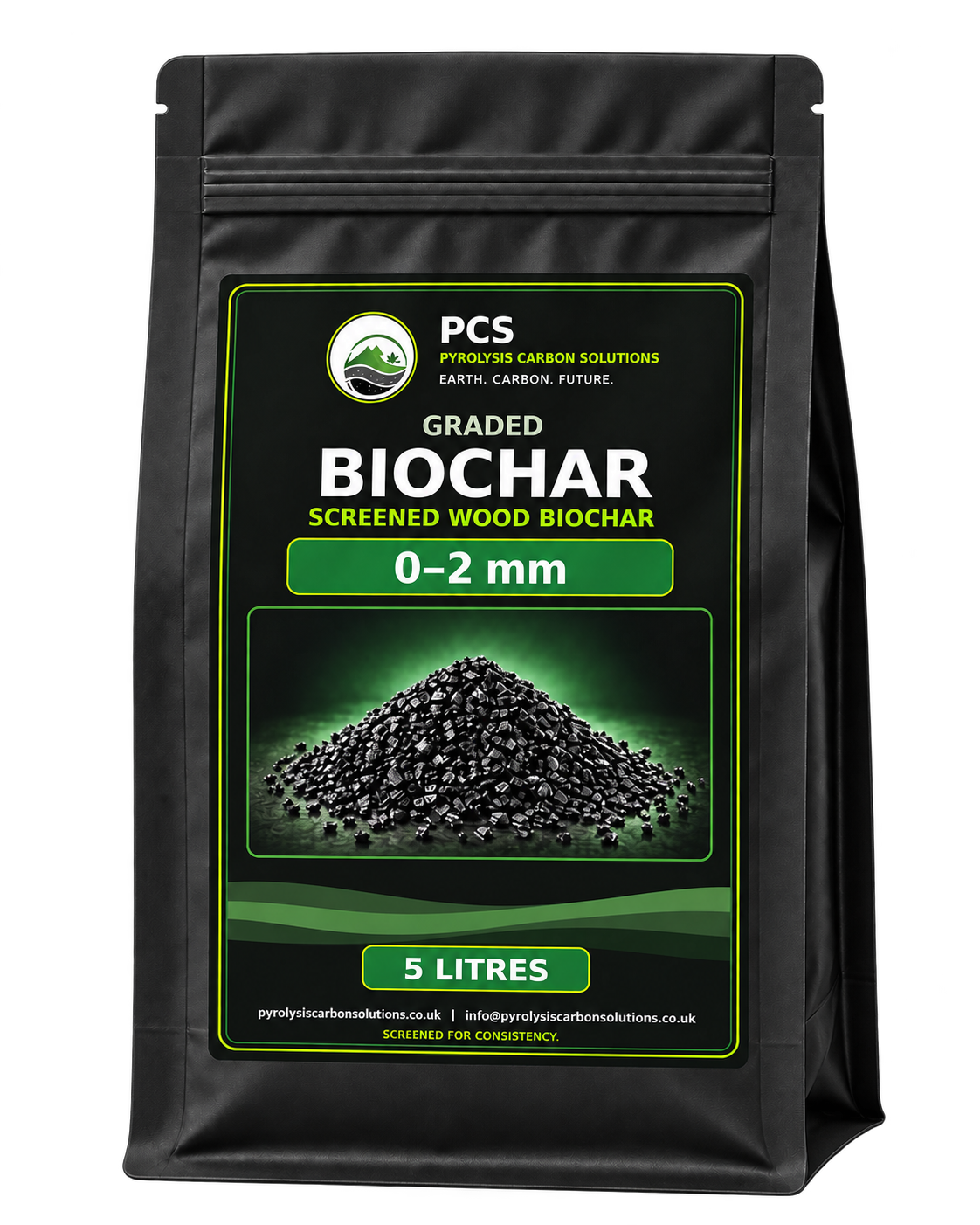 PCS graded biochar 0–2 mm, black-label 5 litre bag — packaging illustration