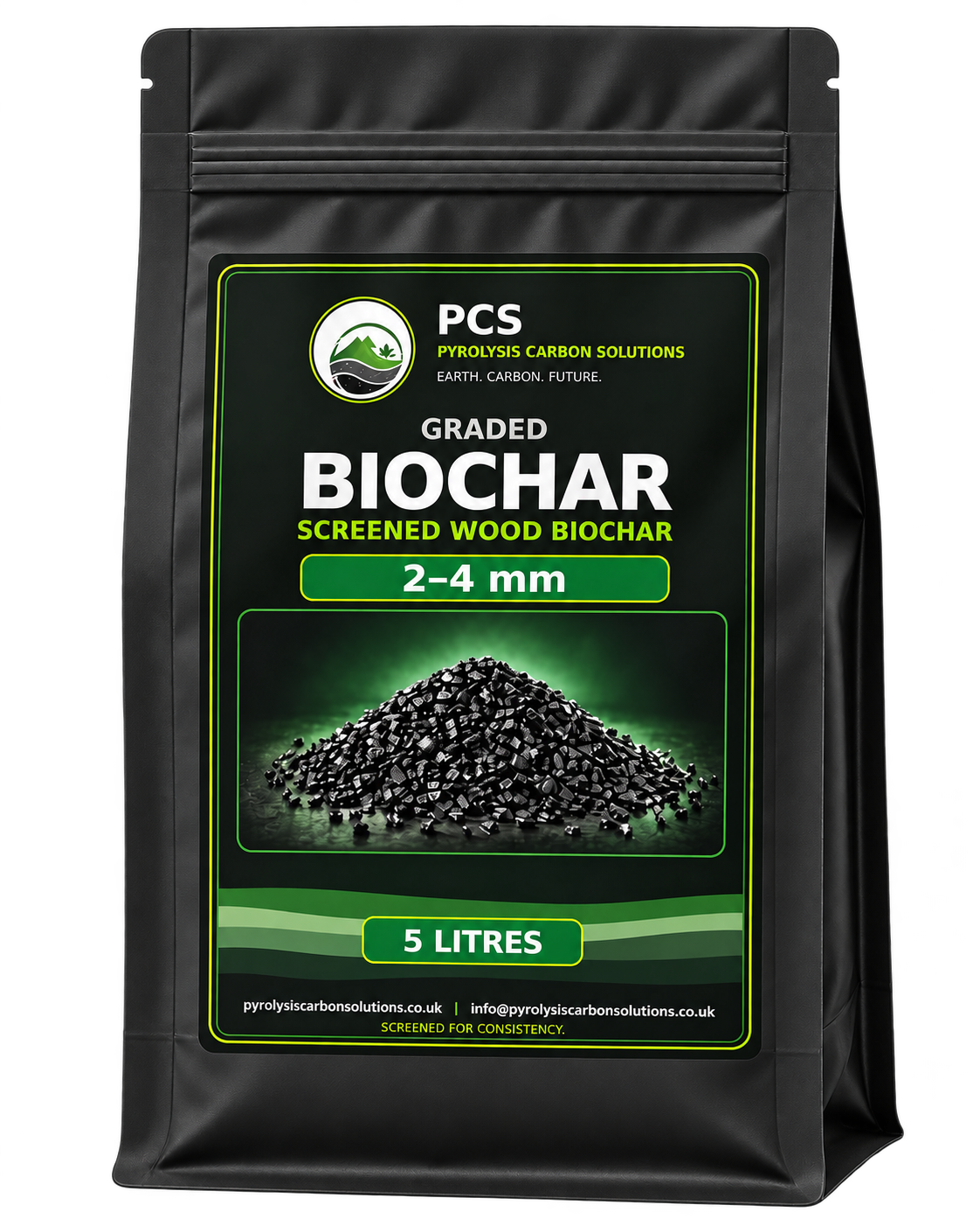 PCS graded biochar 2–4 mm, black-label 5 litre bag — packaging illustration