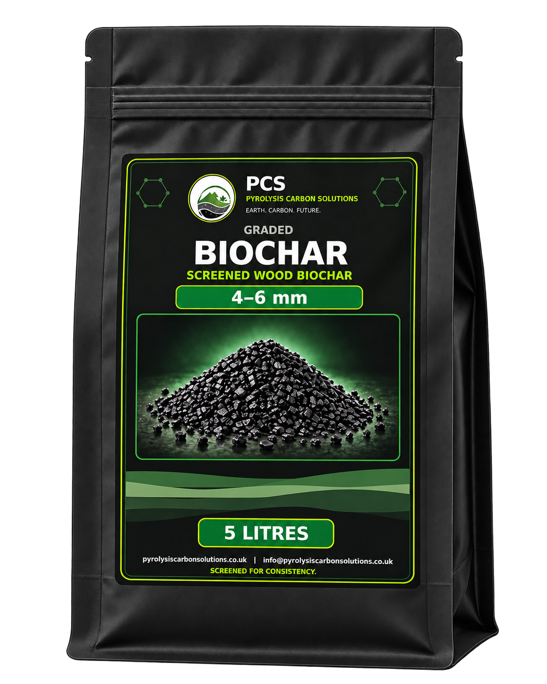 PCS graded biochar 4–6 mm, black-label 5 litre bag — packaging illustration
