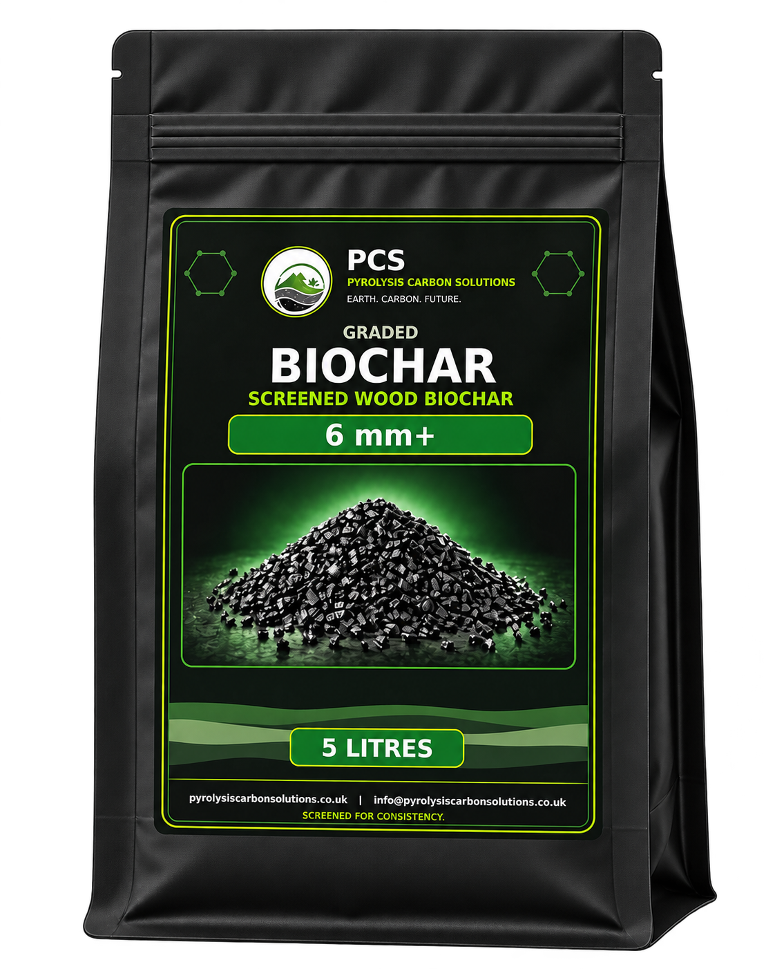 PCS graded biochar 6 mm+, black-label 5 litre bag — packaging illustration